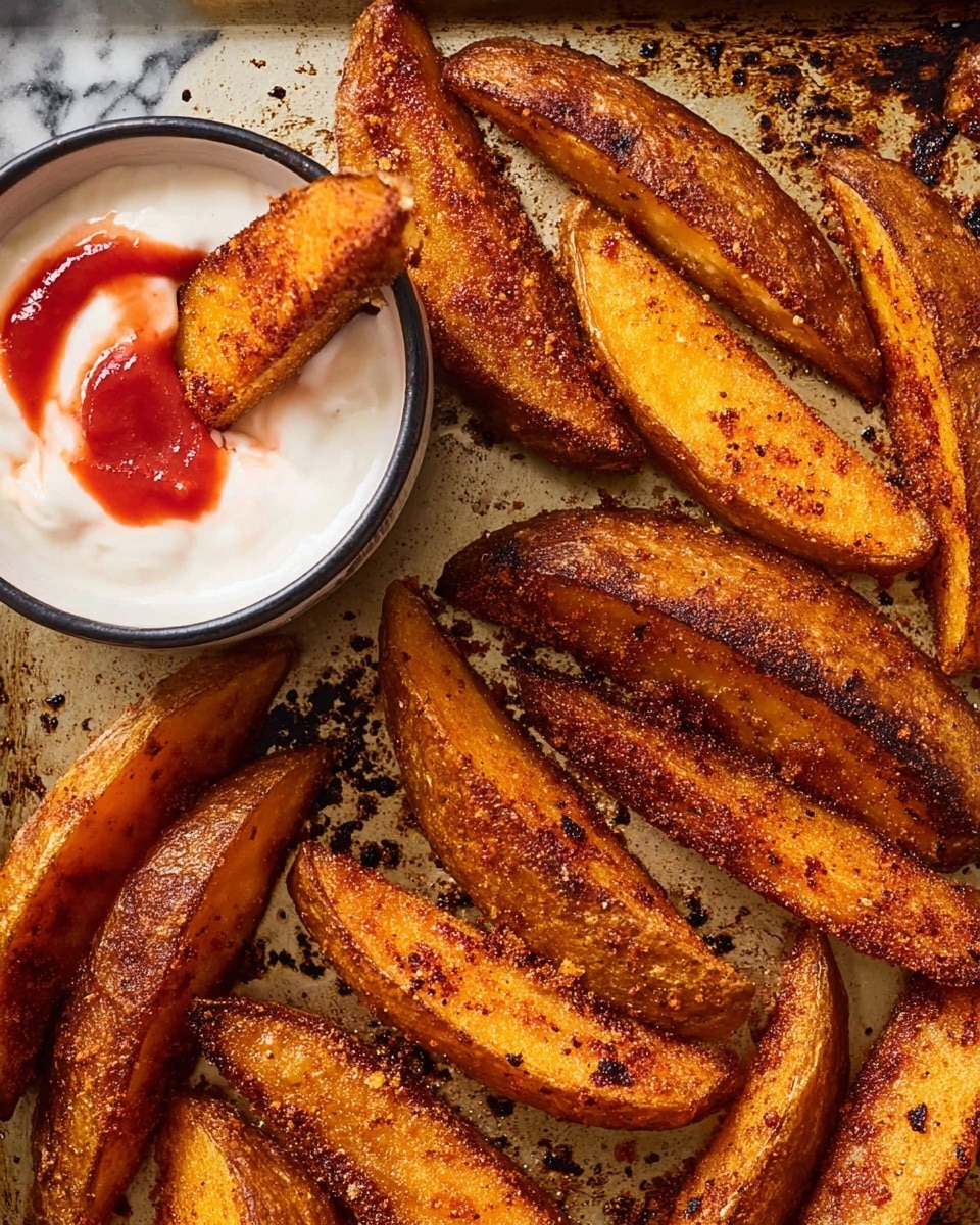 The image shows a baking sheet filled with a single layer of crispy, golden-brown potato wedges that have a textured, slightly rough surface with spices visible. In the bottom left corner, there is a small white bowl filled with a smooth, creamy white dip, swirled with a reddish-orange sauce on top. One wedge is dipped halfway into the creamy sauce, held by a woman's hand, showing the rich coating. The background surface has a white marbled texture. photo taken with an iphone --ar 4:5 --v 7