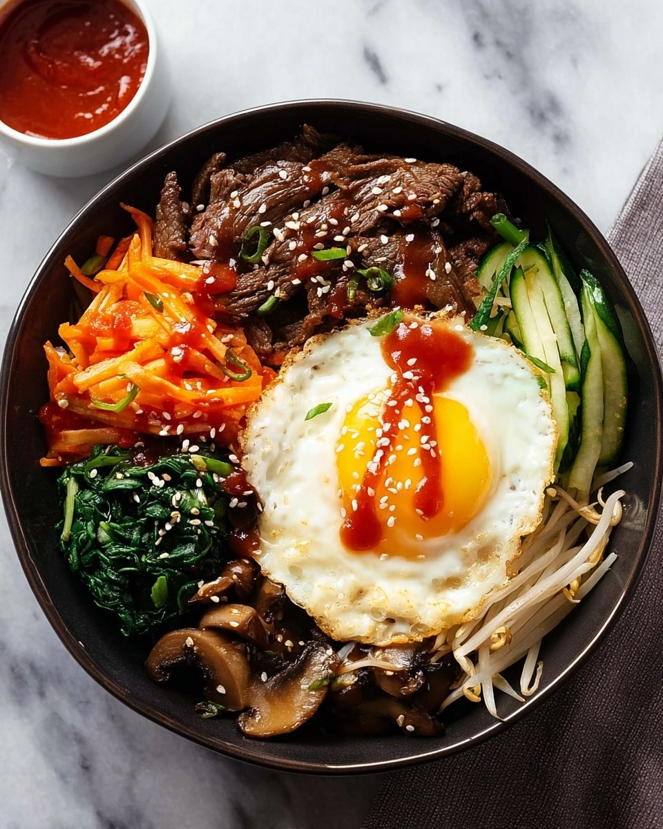 A black bowl filled with a layered dish is shown from above on a white marbled surface. At the center, there is a sunny-side-up egg with a bright yellow yolk and white edges, sprinkled with sesame seeds and topped with red sauce. Surrounding the egg in a circular pattern are sautéed dark brown beef strips with sesame seeds, bright orange carrot sticks, wilted dark green spinach leaves with a glossy texture, pale bean sprouts with a slight sheen, thinly sliced sautéed green and white zucchini pieces, and brown cooked mushroom slices with a glazed look. The colors are vivid and the textures vary from soft and smooth to slightly crispy. photo taken with an iphone --ar 4:5 --v 7