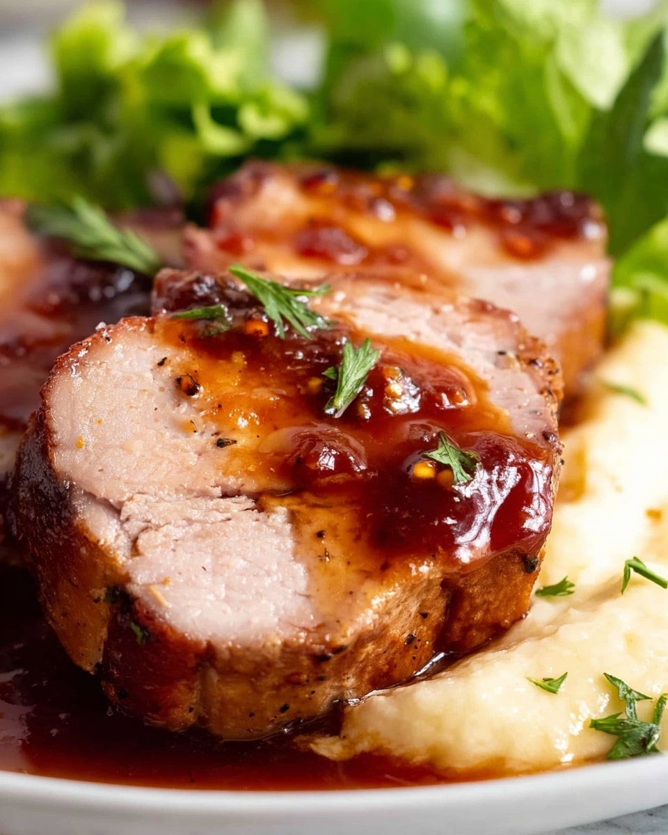 The image shows two thick slices of cooked pork tenderloin with a golden-brown crust and glazed with a shiny, rich brown sauce that has a slightly chunky texture. The pork is placed on a bed of smooth, creamy mashed potatoes with a pale yellow color. Fresh green leafy lettuce sits behind the meat, adding a bright color contrast. Small green herbs are sprinkled on the pork and mashed potatoes. The plate is white, and the surface underneath has a white marbled texture. photo taken with an iphone --ar 4:5 --v 7
