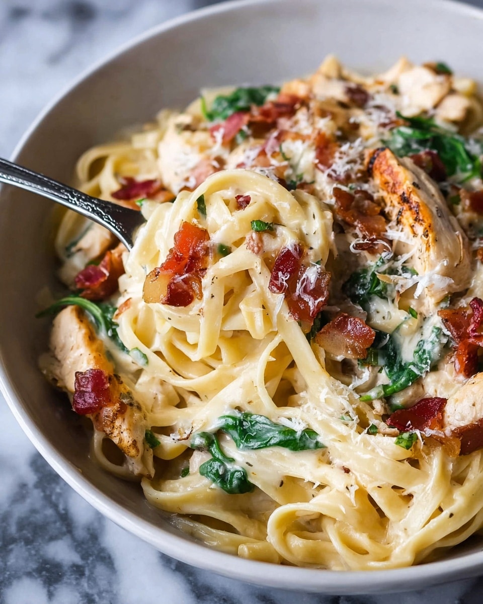 The dish shows a close-up of creamy fettuccine pasta layered with grilled chicken pieces that have a golden-brown crust, scattered bits of crispy bacon, and fresh green spinach leaves mixed throughout. The pasta is coated in a smooth, light yellow cream sauce, topped with a light sprinkling of finely grated white cheese. A silver fork traps some pasta and chicken on the right side, resting inside a white bowl placed on a white marbled surface. photo taken with an iphone --ar 4:5 --v 7