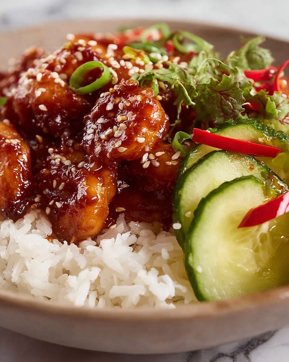 This close-up image shows a bowl filled with three main layers: at the bottom, white rice with individual grains visible; on top of the rice, large shrimp coated in a glossy, reddish-brown sauce sprinkled with white sesame seeds and small slices of red chili and green onion; on the side, chunks of cucumber with a light green color, small green herb bits, and some thin rounds of red chili. The bowl is white and sits on a white marbled surface. Photo taken with an iphone --ar 4:5 --v 7