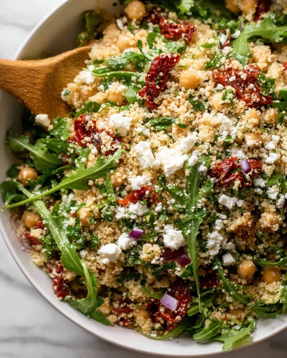 A close view of a fresh mixed salad in a large white bowl with a white marbled background, featuring layered couscous as the base, with green leafy arugula mixed throughout, pieces of dried red tomatoes scattered on top, small beige chickpeas visible in the mix, tiny bits of purple onion adding color contrast, and small chunks of white crumbled cheese sprinkled across the salad, a wooden spoon is slightly visible on the left side brushing through the salad. photo taken with an iphone --ar 4:5 --v 7