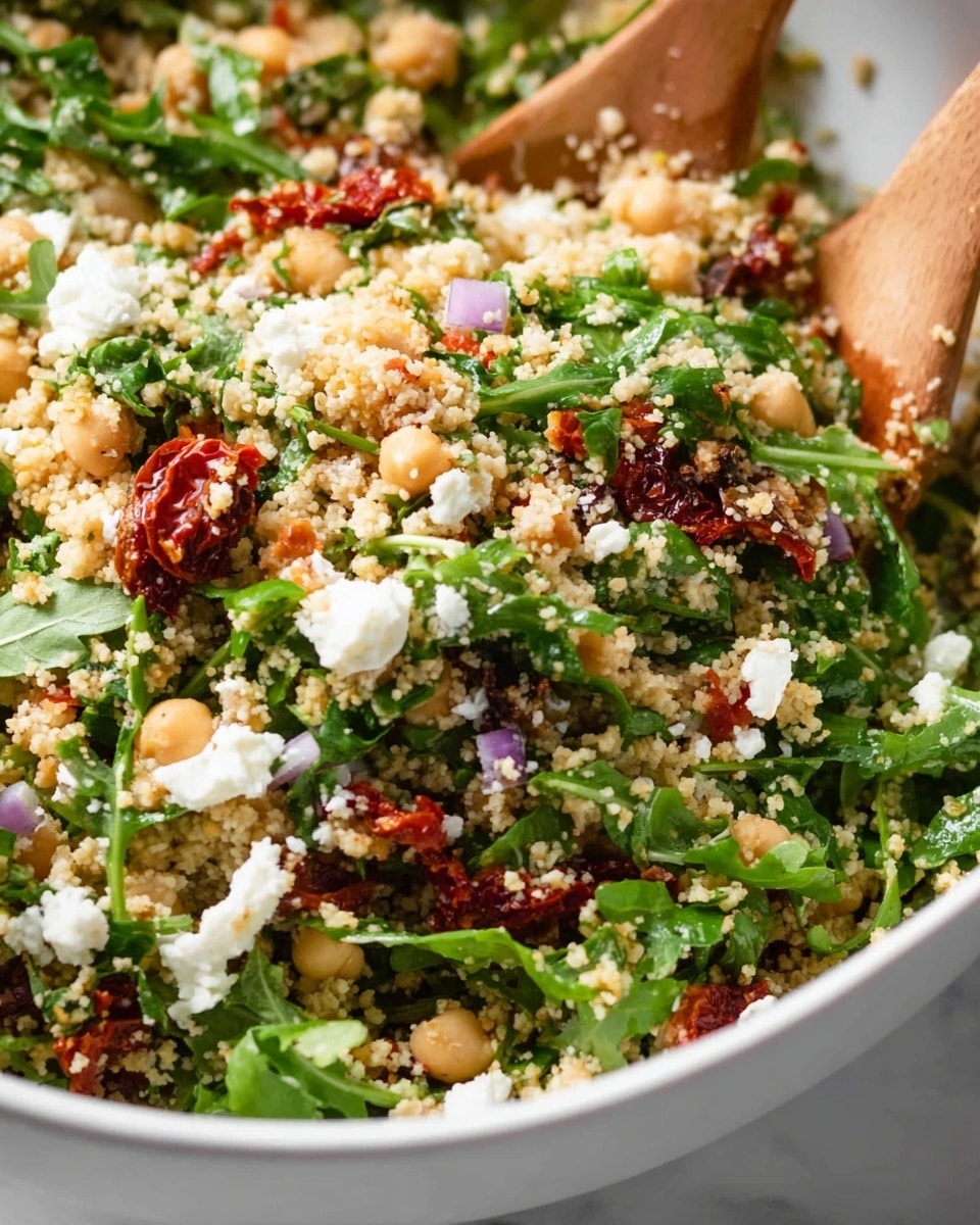 A close-up of a white bowl filled with a mixed salad showing several layers and colors: a base layer of light tan couscous mixed with small beige chickpeas, bright green arugula leaves scattered throughout, pieces of deep red sun-dried tomatoes scattered in chunks, bits of chopped purple onion, and sprinkled white crumbled cheese on top adding a soft texture contrast. The salad looks fresh and textured with small herb pieces mixed in. A light wooden fork is partially visible in the bowl on the left side, and the bowl is placed on a white marbled surface. photo taken with an iphone --ar 4:5 --v 7