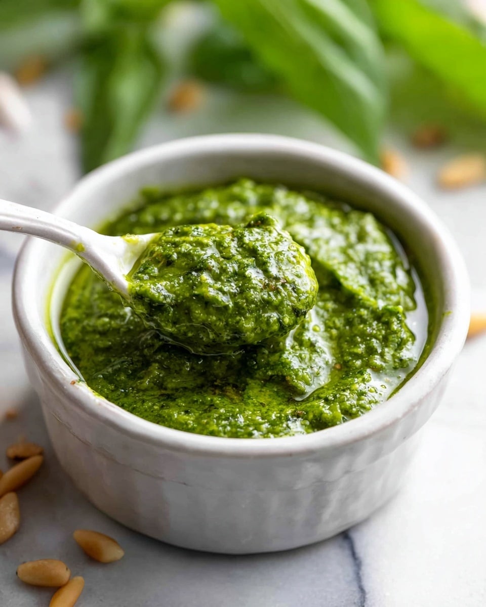 A small white ceramic bowl holds a thick, green pesto sauce with a slightly chunky texture, showing bits of herbs and nuts. A white ceramic spoon rests inside the bowl, scooping up a generous portion of the pesto. The bowl sits on a white marbled surface scattered with some pine nuts and fresh basil leaves blurred in the background. The overall look is fresh and vibrant, with a close-up focus on the rich green sauce. photo taken with an iphone --ar 4:5 --v 7