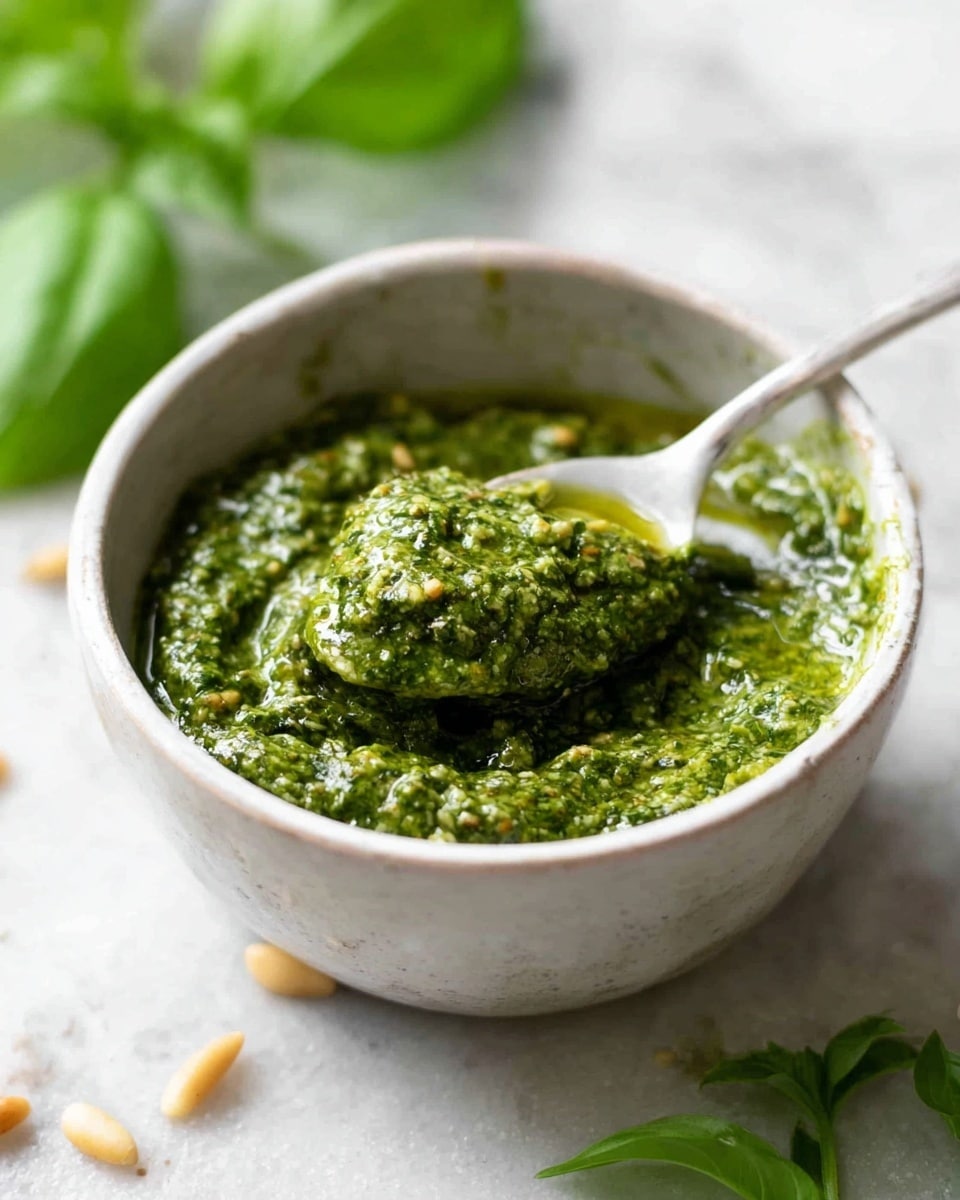 A small white ceramic bowl filled with a thick, bright green pesto sauce showing a somewhat coarse texture, with visible small bits of herbs and nuts. A white ceramic spoon is scooping some pesto, resting inside the bowl, covered with the sauce. Around the bowl, scattered toasted pine nuts are visible on a white marbled surface, with blurred green basil leaves in the background. photo taken with an iphone --ar 4:5 --v 7