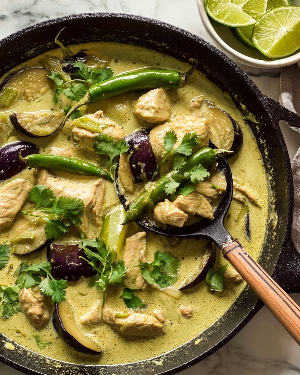 A black cast iron pan filled with a creamy light yellow green curry sauce, containing large slices of dark purple eggplant with white insides, small chunks of tender chicken pieces, and long bright green chili peppers, all partially submerged in the sauce. Fresh green cilantro leaves are scattered on top, adding a touch of brightness. To the side, a woman's hand holds a metallic spoon with a wooden handle, scooping some of the chicken and sauce. In the corner, there is a small white bowl holding fresh lime wedges, all set against a white marbled surface. photo taken with an iphone --ar 4:5 --v 7