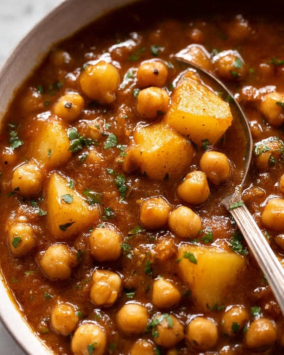 The image shows a close-up of a thick stew filled with round, pale yellow chickpeas and medium-sized chunks of soft, golden potatoes. The stew is rich and dark brown with a glossy texture, speckled with small bits of green herbs scattered throughout for a fresh look. The chickpeas and potato pieces are evenly mixed, sitting in the hearty sauce that has a slightly oily surface, reflecting light. A metal spoon is partially visible on the side, resting in the stew. The background shows a white marbled texture. photo taken with an iphone --ar 4:5 --v 7