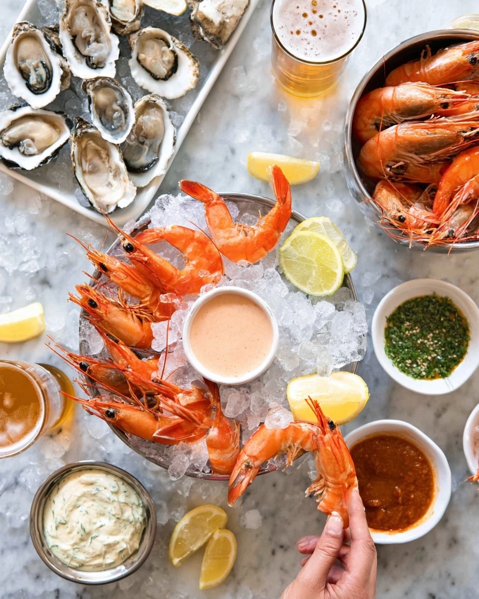 A white large bowl filled with bright orange cooked shrimp lying on ice, garnished with lemon wedges on the side, with a small white bowl of light pink dipping sauce placed inside the bowl of shrimp; below to the left is a smaller white bowl with more shrimp on ice, next to a small bowl of green sauce with a lime wedge on the rim; above that is a bowl of creamy white sauce with herbs mixed in; above the creamy sauce is a white rectangular plate holding opened oysters in a row with their grayish shells and pale inner flesh; a beer mug partly visible with frothy beer sits at the top left; the bottom right shows a woman's hand dipping a peeled shrimp into a small white cup of reddish cocktail sauce resting on a folded white cloth; the whole scene is set on a white marbled surface scattered with lemon wedges. photo taken with an iphone --ar 4:5 --v 7