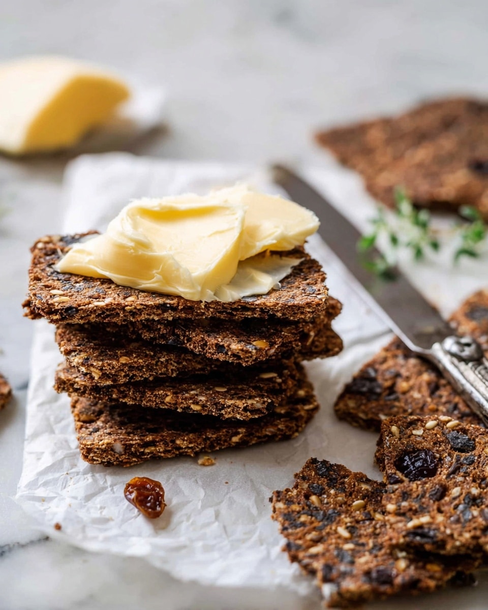 The image shows a stack of four slices of dark brown bread with visible seeds and dried fruits, placed on white parchment paper on a white marbled surface. The top slice has a thick, creamy layer of soft pale yellow butter melting slowly. Around the stack, there are several thin, crispy slices of the same bread and a small piece of butter on a silver butter knife, partially blurred in the background. A small green herb sprig lies near the bread pieces. photo taken with an iphone --ar 4:5 --v 7