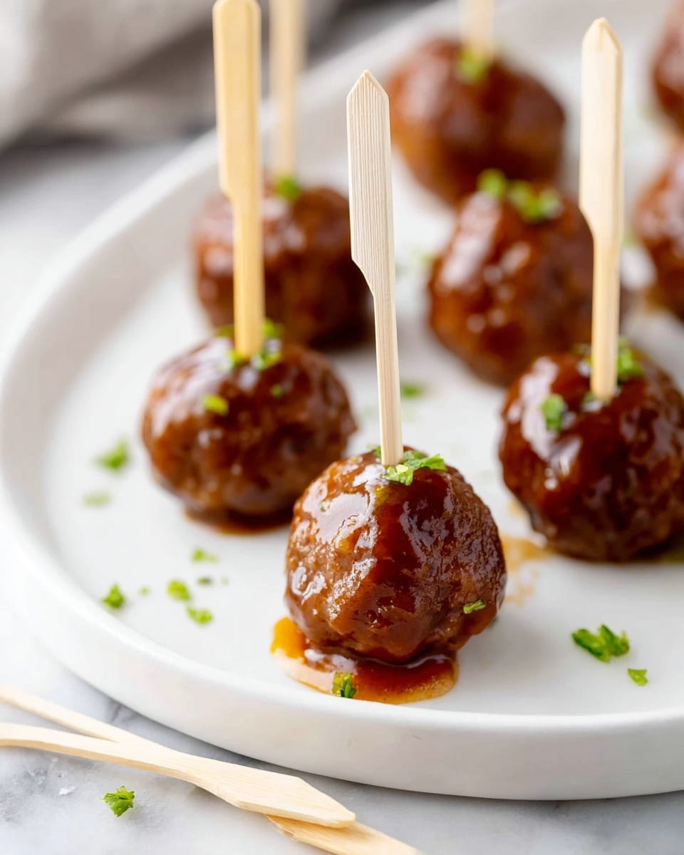 A white plate holds several shiny, brown meatballs covered in a thick, glossy sauce that pools slightly around their bases. Each meatball is pierced with a light wooden mini fork standing upright in the center. Bright green chopped chives are sprinkled over the meatballs and the plate, adding a fresh pop of color. Extra mini forks lay scattered beside the plate on a white marbled surface. The focus is on the front meatball with the others softly blurred in the background, creating a warm and inviting look. photo taken with an iphone --ar 4:5 --v 7