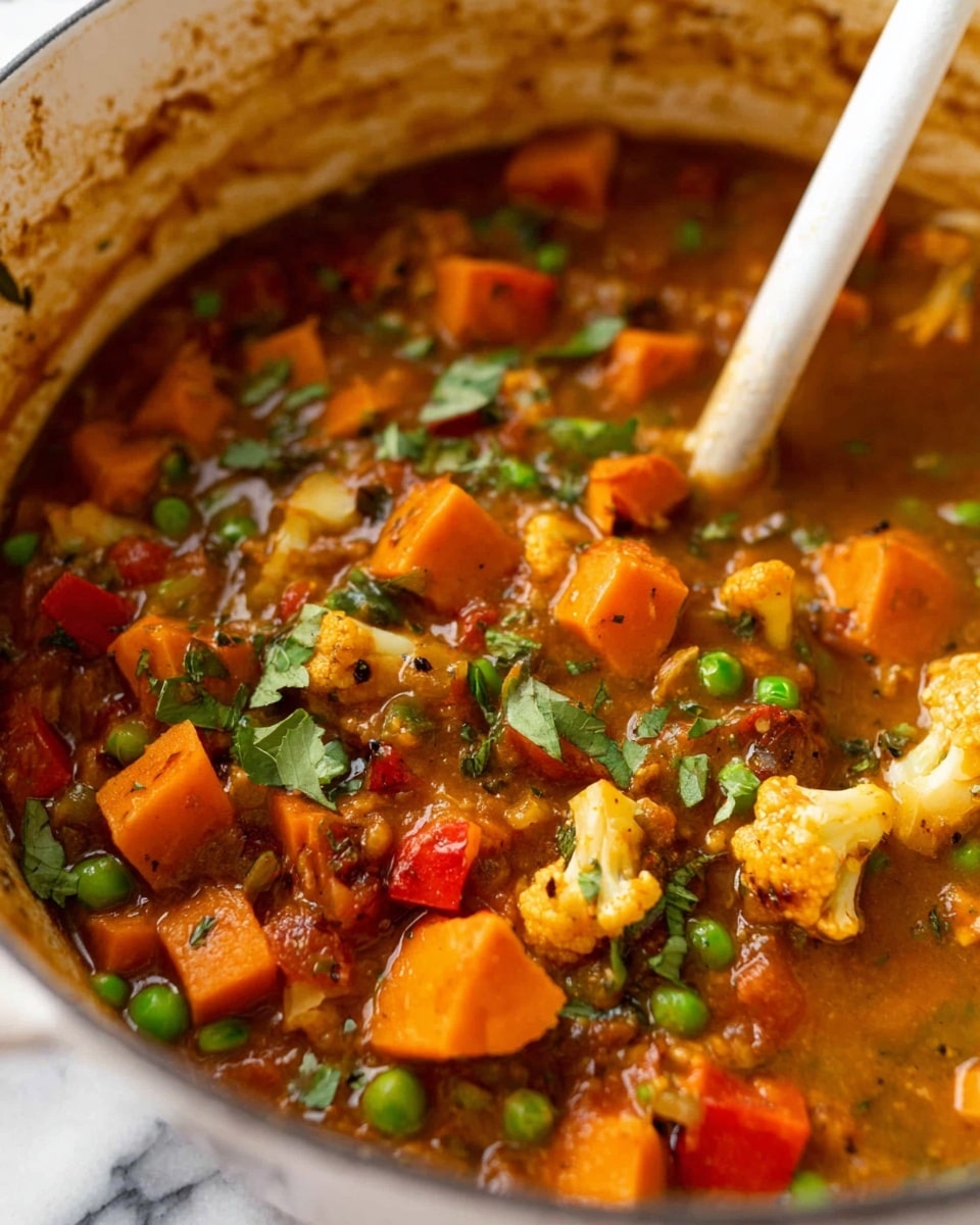 The image shows a close-up of a thick vegetable stew inside a white pot with a white ladle scooping some of the mixture. The stew has multiple colorful layers including bright orange chunks of sweet potato or carrot, small green peas, orange cauliflower florets, red bell pepper pieces, and finely chopped green herbs sprinkled on top. The stew base is rich and brownish-red with visible spices and tomato bits, giving the dish a textured, hearty look. The pot’s inner sides have splashes of the thick stew sauce, indicating it is freshly cooked. The background is a white marbled texture. photo taken with an iphone --ar 4:5 --v 7