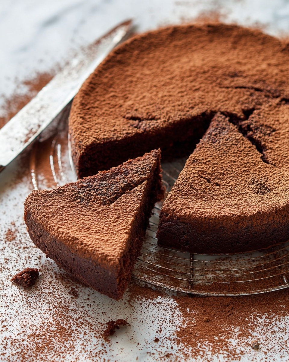 A round, dark brown chocolate cake with a soft, crumbly texture is shown with one slice being lifted. The top of the cake and the surface around it are dusted with a fine layer of cocoa powder, giving a powdery matte finish. The cake has one visible layer and looks moist inside. It sits on a metal rack over a white marbled surface dusted with more cocoa powder. A large knife rests nearby with cocoa powder scattered on it. photo taken with an iphone --ar 4:5 --v 7