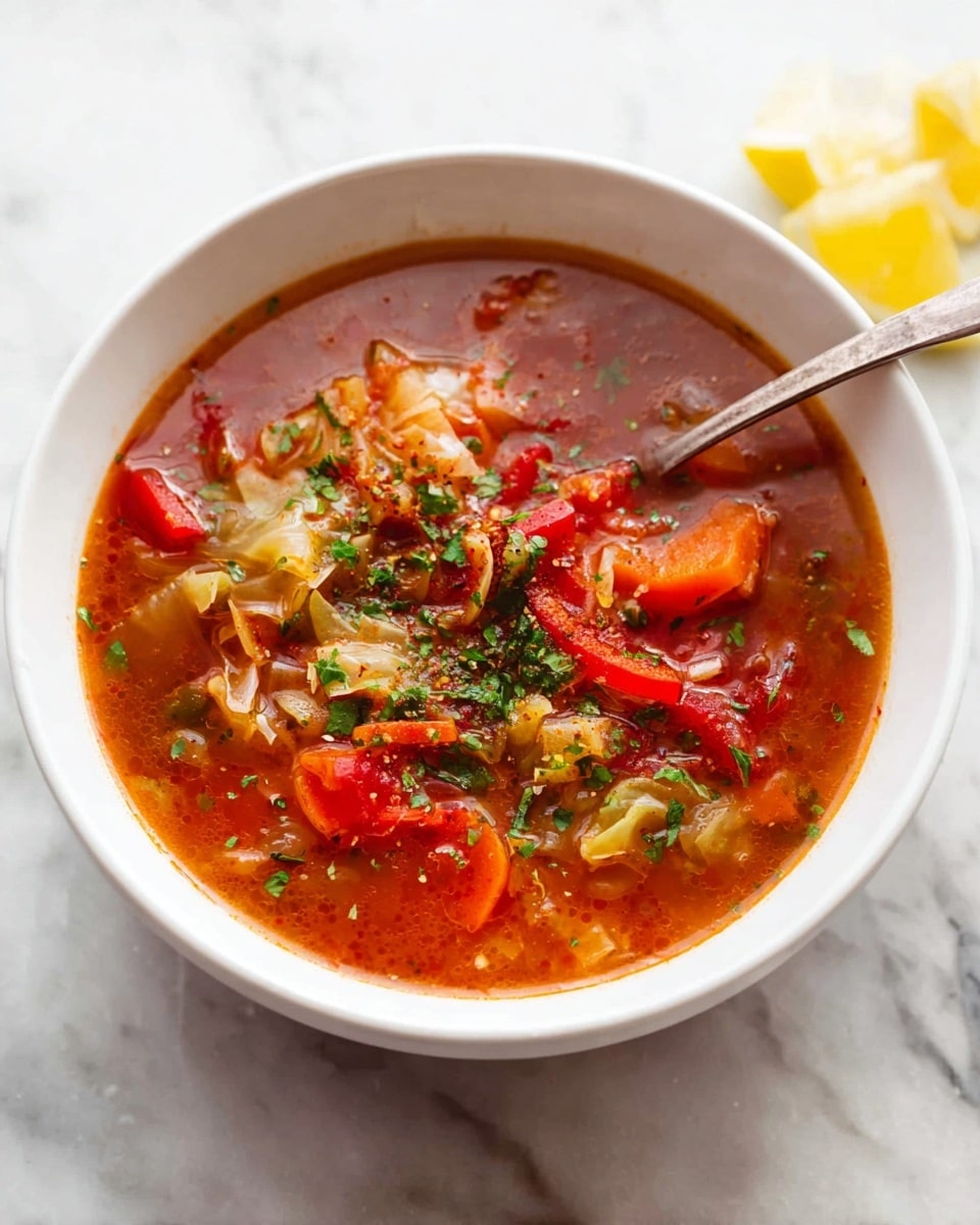 A white bowl filled with a tomato-based soup showing three visible layers: the thin reddish orange broth as the base, a middle layer of chunky vegetables including orange carrots and red bell peppers, and a top layer sprinkled with fresh green herbs and small bits of grated cheese. A silver spoon is placed inside the bowl on the right side. The bowl is set on a white marbled surface with a small piece of yellow lemon and some scattered lemon zest nearby. photo taken with an iphone --ar 4:5 --v 7