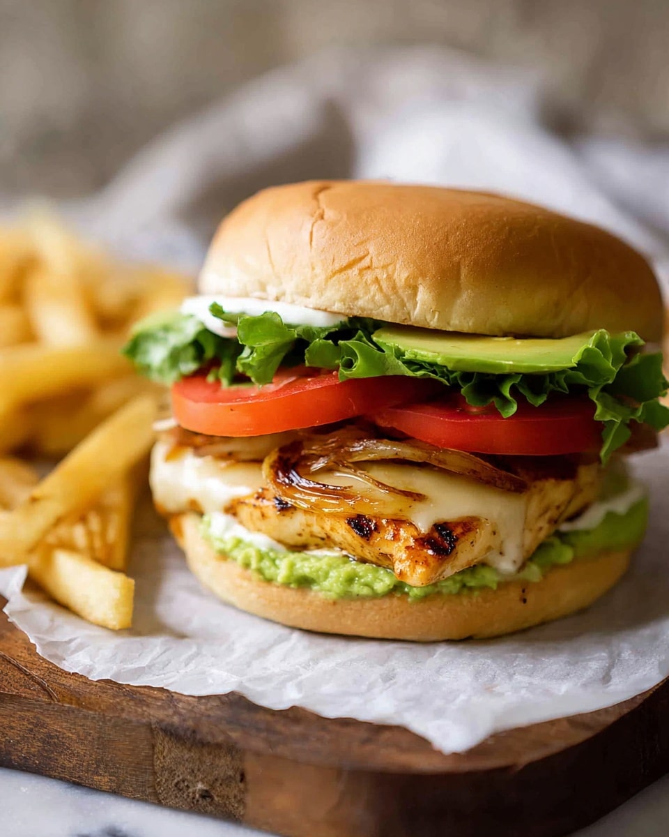 A close-up of a grilled chicken sandwich placed on white parchment paper over a wooden board with a white marbled surface background. The sandwich has a soft, light brown top bun. Below the bun is a layer of white mayonnaise, followed by two bright red tomato slices and bright green fresh lettuce leaves. Underneath is melted cheese covering golden grilled chicken, with caramelized onions on top. The base shows creamy green avocado spread on a lightly toasted bottom bun. To the left side of the sandwich, there are thick, golden fries resting on the board. Photo taken with an iphone --ar 4:5 --v 7