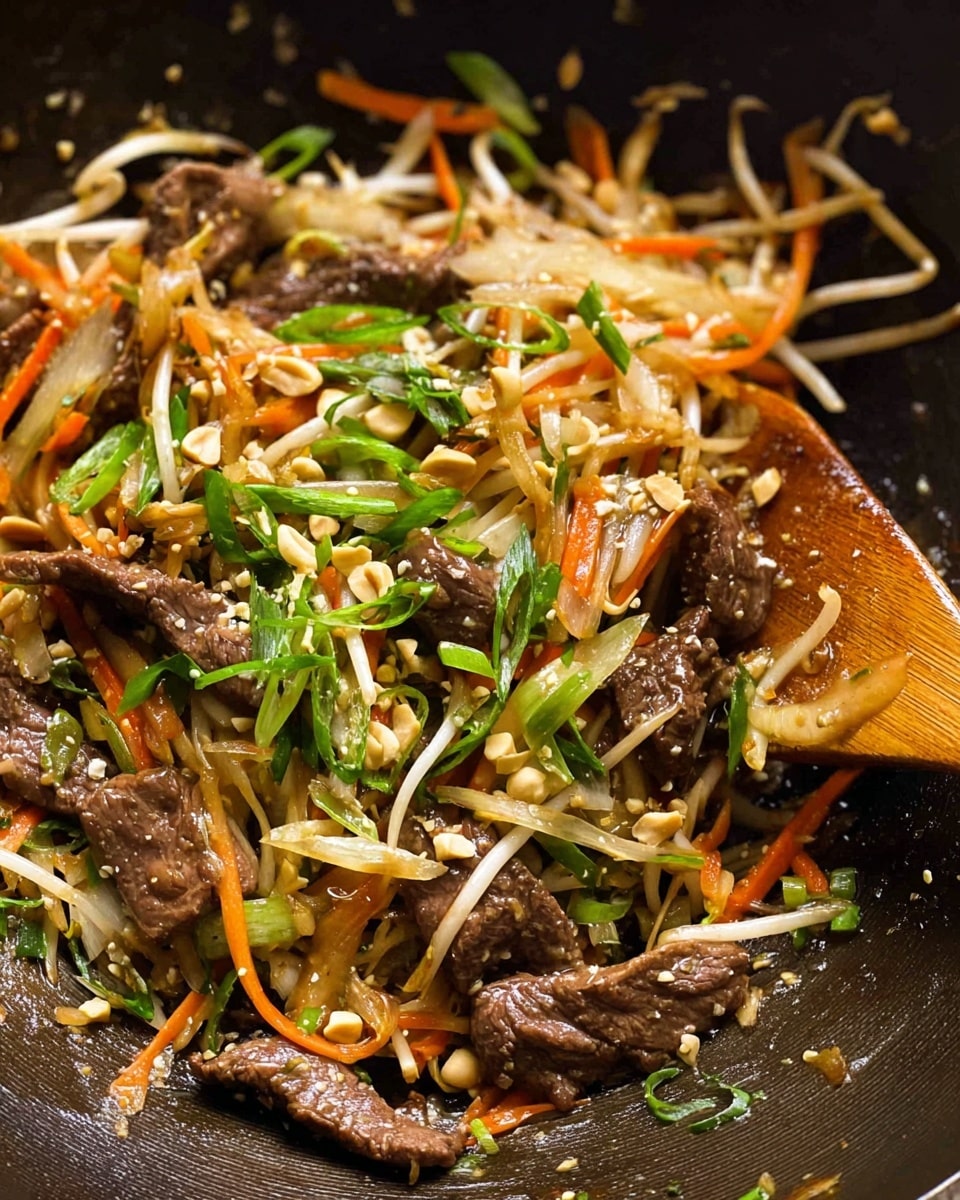 A close-up view of a stir-fry dish inside a dark cooking pan, showing multiple layers of thinly sliced brown beef pieces mixed with light yellow bamboo shoots and orange carrot strips. White bean sprouts with a slightly translucent look add texture, while chopped green onions are scattered on top, creating a fresh green contrast. Small pieces of chopped peanuts are sprinkled all over, adding a crunchy texture. A wooden spatula is partially visible on the right side in the pan, stirring the mixture. The background features a white marbled texture. photo taken with an iphone --ar 4:5 --v 7