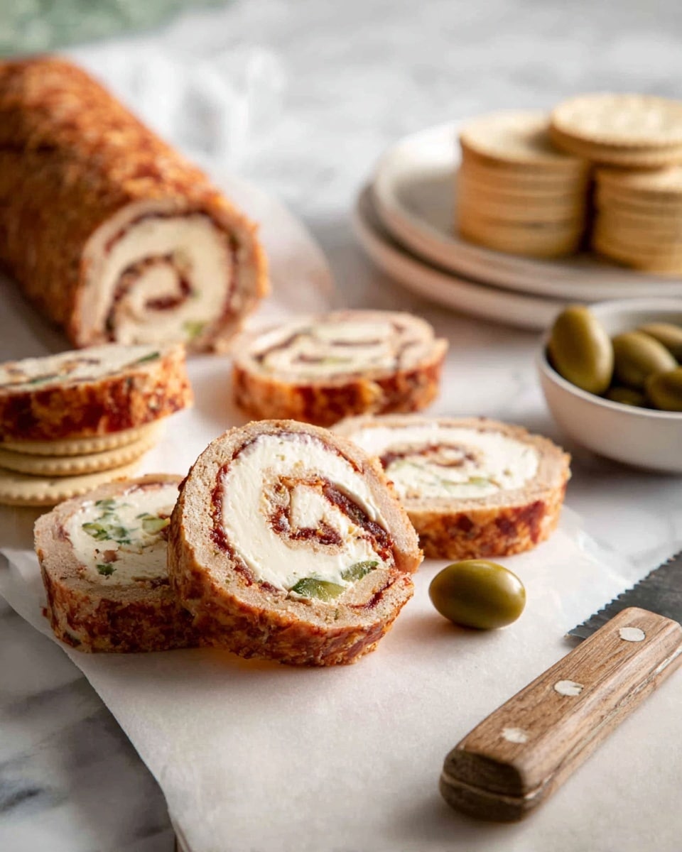 A close-up of round pinwheel slices showing three visible layers: a textured reddish-brown outer layer, a thick creamy white middle layer with small green bits scattered inside, and an inner swirl matching the outer reddish-brown color. These pinwheels are arranged on a white marbled surface with some placed on round, white crackers. A shiny green olive sits in the foreground near a serrated knife with a wooden handle. In the background, there are more crackers and a white bowl filled with green olives, all slightly out of focus. The overall setting is bright and natural. photo taken with an iphone --ar 4:5 --v 7