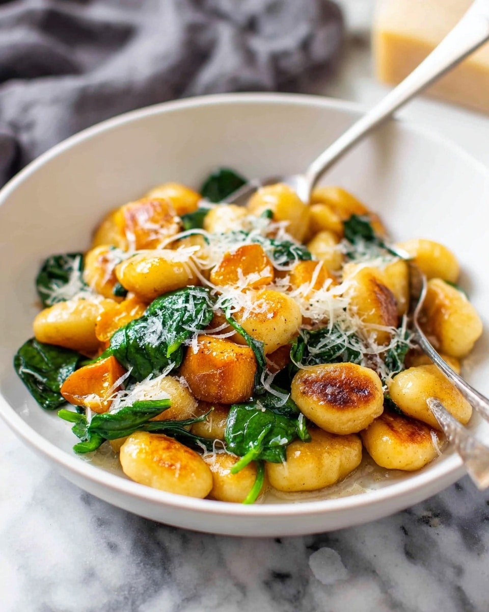 The image shows a white, shallow bowl filled with golden-brown seared gnocchi that have a crispy outside. The gnocchi are mixed with bright green wilted spinach leaves and pieces of roasted orange squash. Small shreds of grated white cheese are sprinkled on top, adding texture. A silver spoon rests in the bowl, partially hidden under the food. The bowl is placed on a white marbled surface with a soft focus gray cloth in the background. Photo taken with an iphone --ar 4:5 --v 7