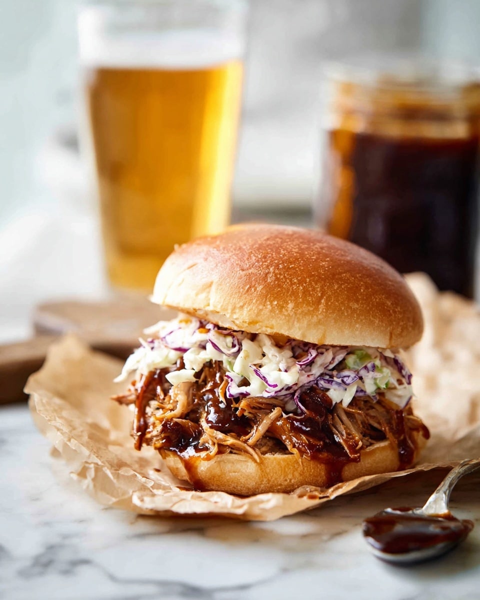 A sandwich with three main layers sits on crumpled parchment paper over a white marbled surface. The bottom layer is a soft, light brown bun. Above it, pulled pork drenched in thick, dark brown barbecue sauce fills the middle, with strands spilling out. The top layer is creamy coleslaw with white and light purple shredded cabbage. The sandwich is topped with a shiny, golden-brown toasted bun. In the background to the left, there is a clear glass of pale amber beer, and to the right, a jar filled with dark brown barbecue sauce is visible along with a spoon resting nearby. Photo taken with an iphone --ar 4:5 --v 7