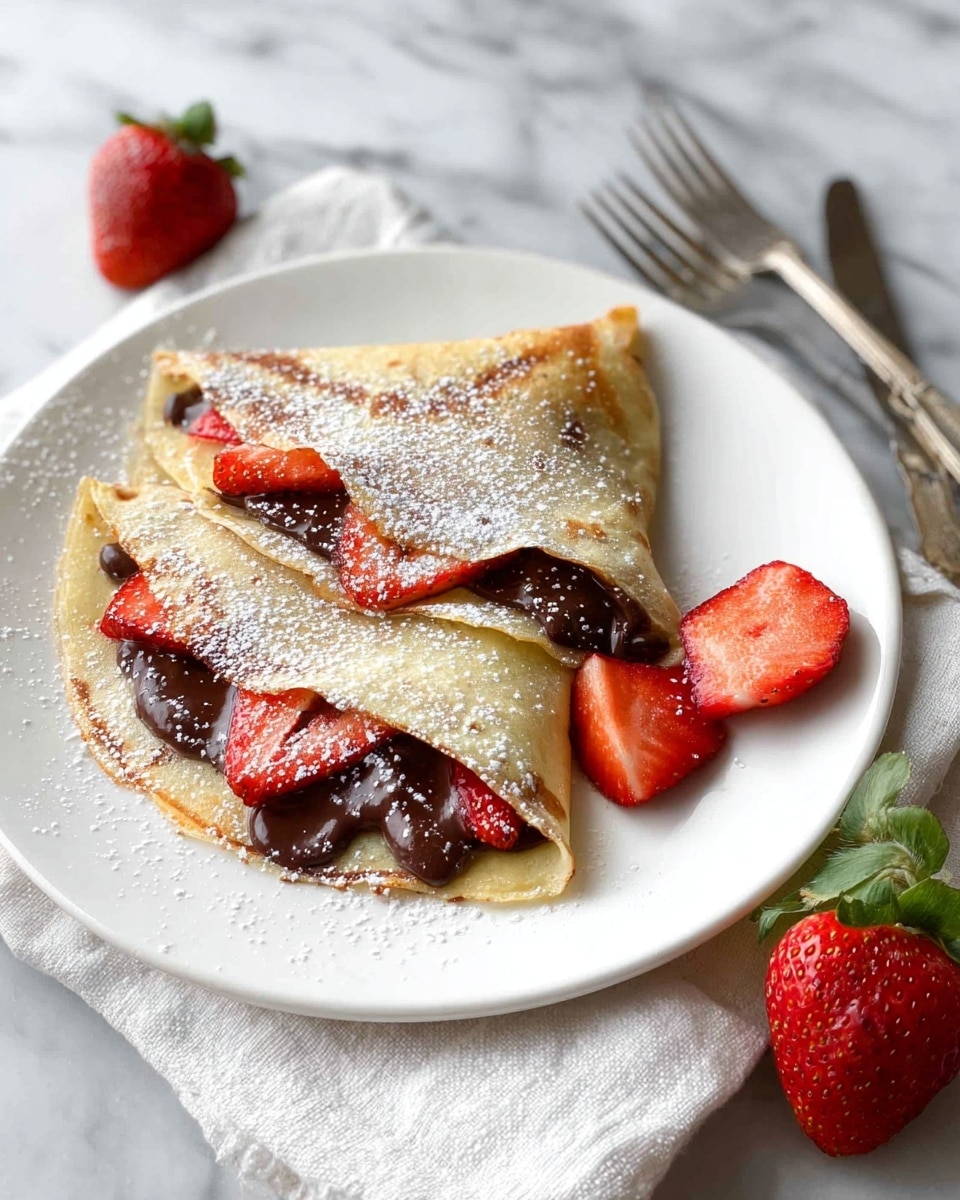 A white plate holds two thin folded crepes layered with fresh strawberry slices and drizzled with dark chocolate sauce peeking from the edges. The crepes are lightly browned with soft, smooth textures and dusted generously with white powdered sugar. Whole and sliced strawberries decorate the plate around the crepes, adding bright red and green colors. The plate sits on a white marbled surface with a crumpled white cloth nearby, and two silver forks lie in the top corner. Photo taken with an iphone --ar 4:5 --v 7