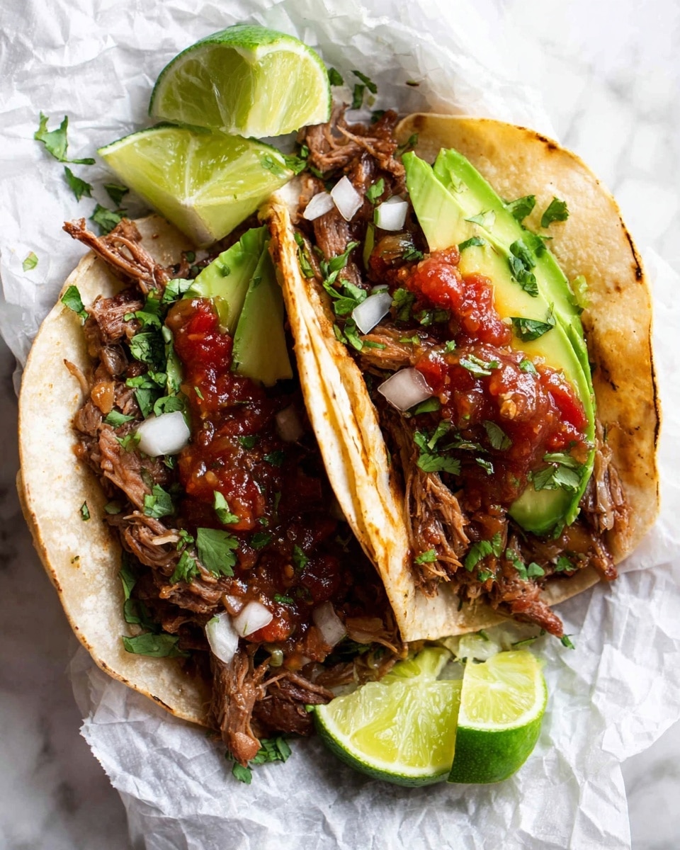 Two soft white corn tortillas each hold a layer of shredded brown, crispy meat at the bottom. On top of the meat, there are slices of green avocado. Next, dollops of red salsa with a chunky texture are spread over the avocado. Small white onion pieces and chopped green cilantro leaves are sprinkled on top, adding a fresh look. The tacos rest on a crumpled white paper on a white marbled surface, surrounded by wedges of bright green lime. photo taken with an iphone --ar 4:5 --v 7