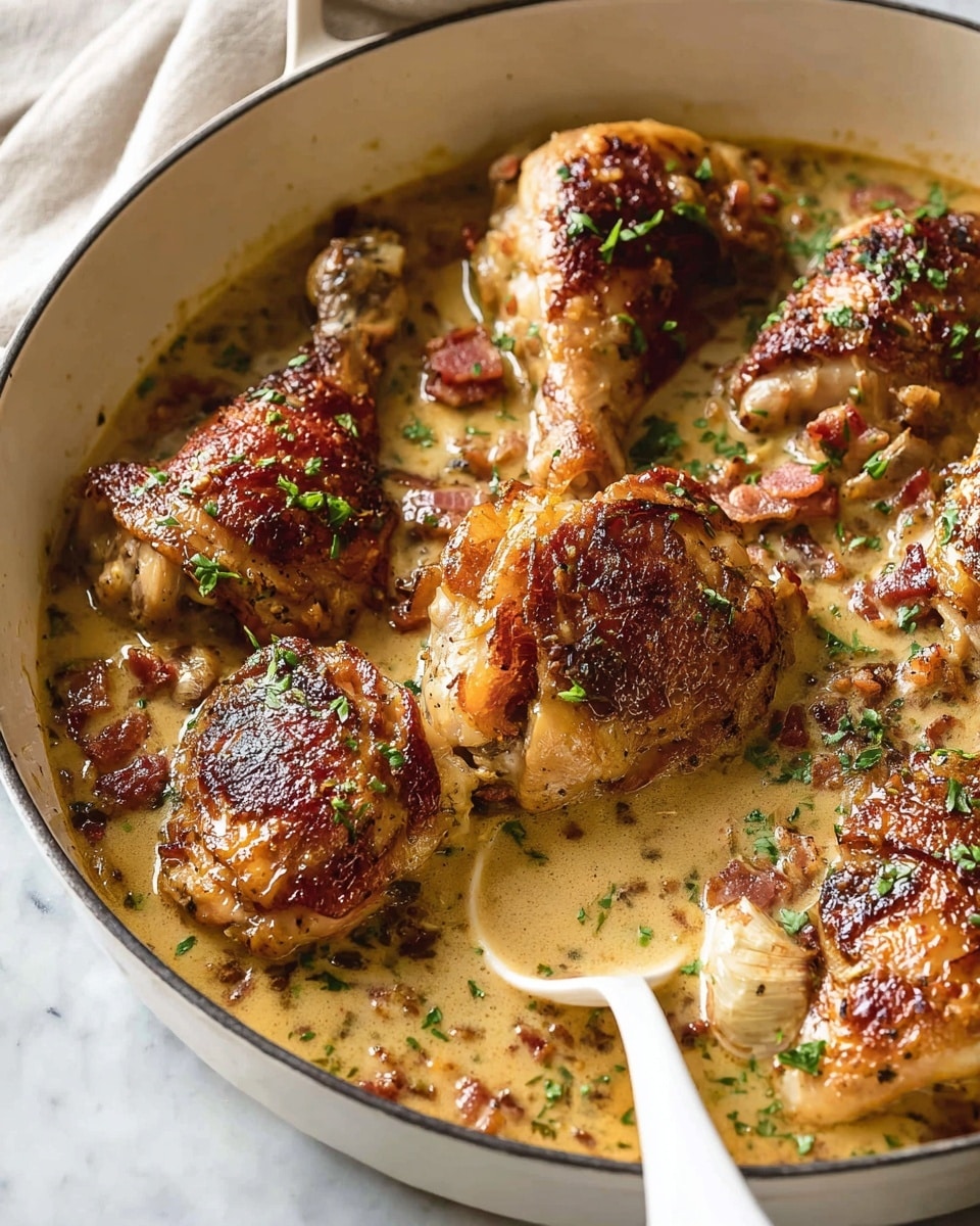 The image shows a white cooking pot filled with six browned chicken pieces sitting in a creamy sauce. The chicken skin is golden and crisp with small green herb sprinkles on top. The sauce is light yellow-brown with small bits of cooked bacon and herbs scattered throughout. A white spoon inside the pot lifts a portion of the creamy sauce mixed with bacon bits, pulling focus to the rich texture. The pot sits on a white marbled surface with soft natural light highlighting the different shades and textures in the food. Photo taken with an iphone --ar 4:5 --v 7